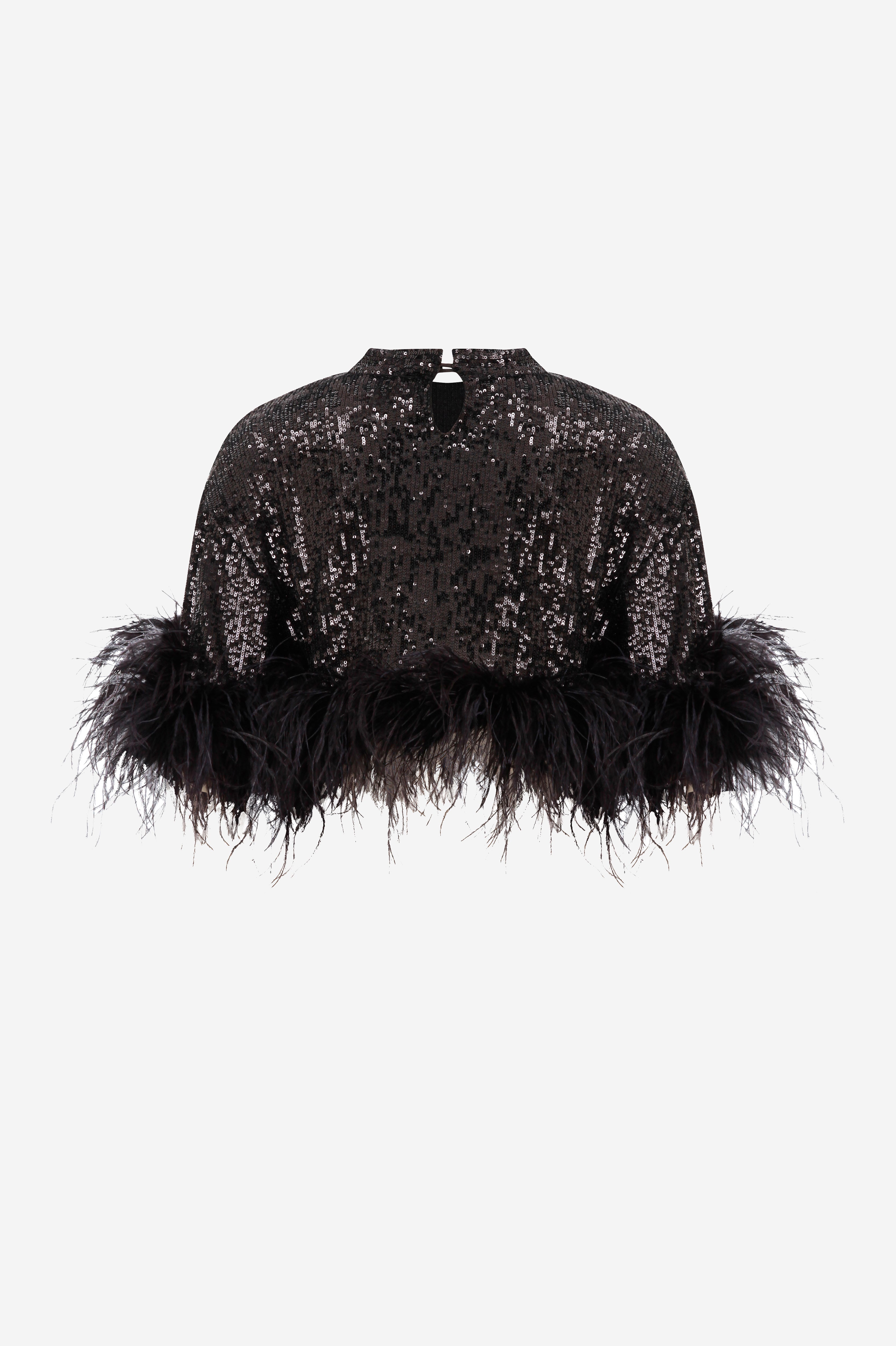 Camille - CROP TOP WITH FEATHERS in Black