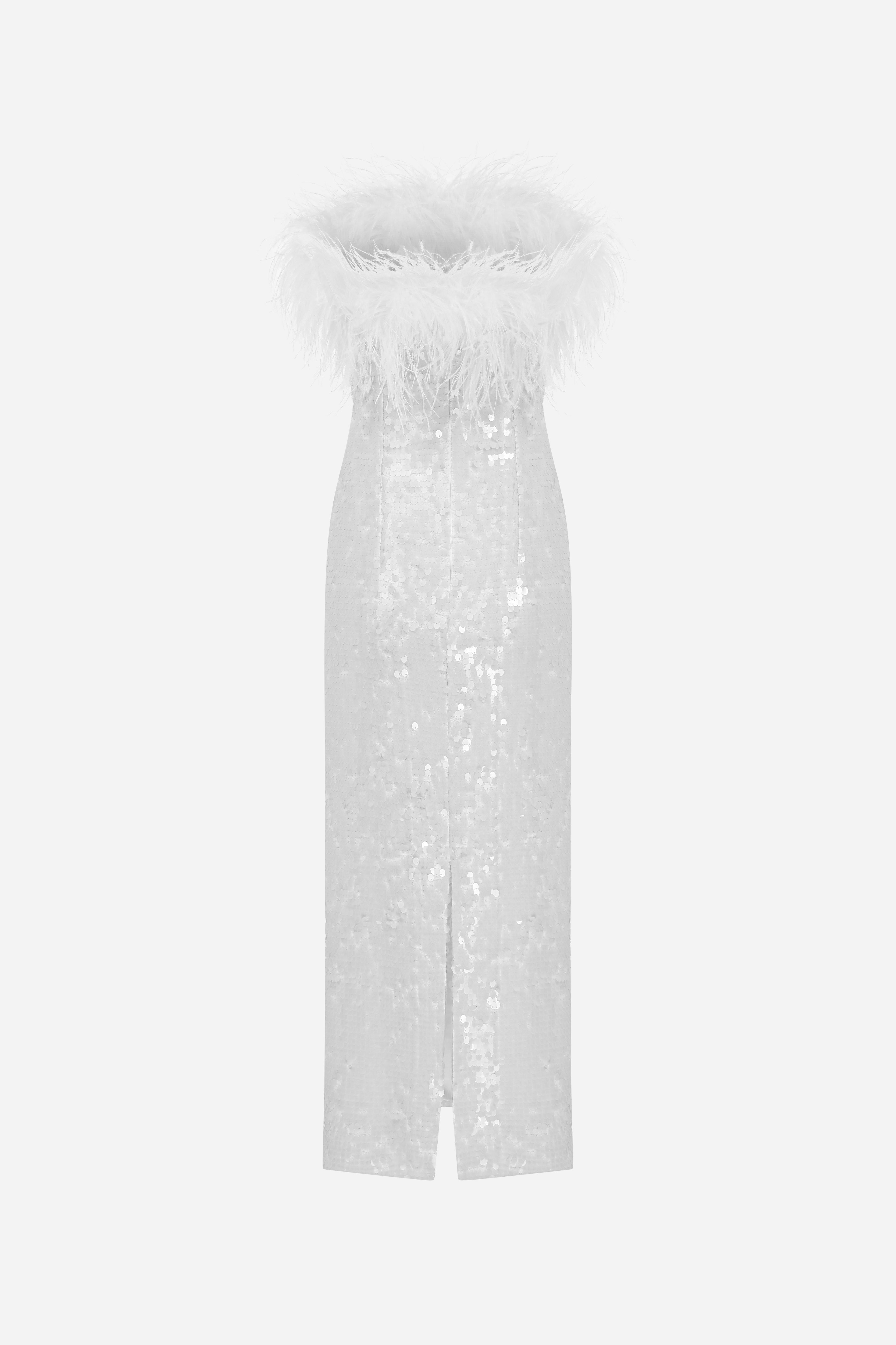 DREW-STRAPLESS MIDI SEQUIN DRESS WITH FEATHER DETAILS