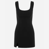 Isadora - U-Neck Mini Dress With Front Slit in Black