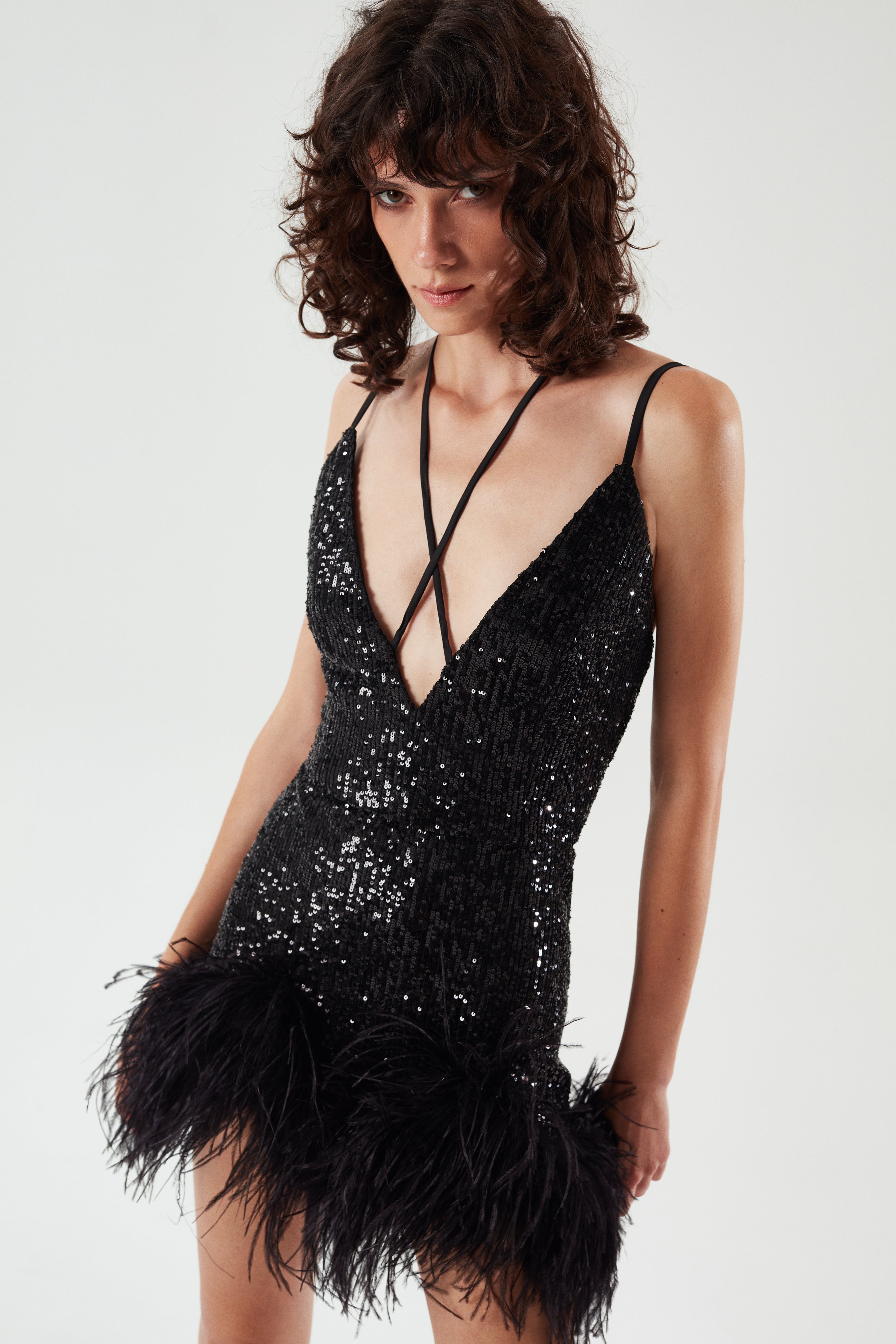 TULIP - V Neck mini sequin dress with feather trim