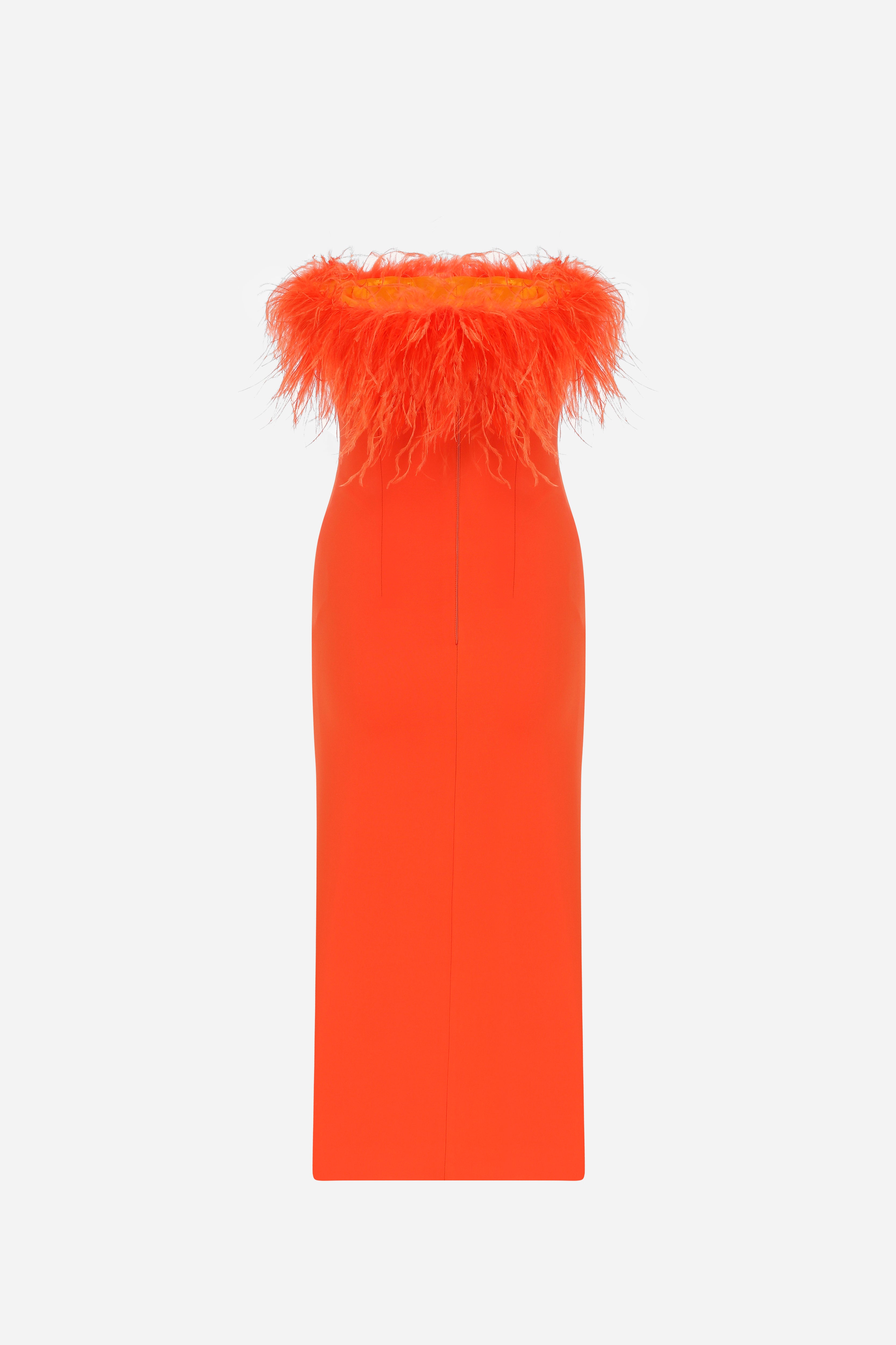 Alanis - Strapless Midi Dress With Feathers