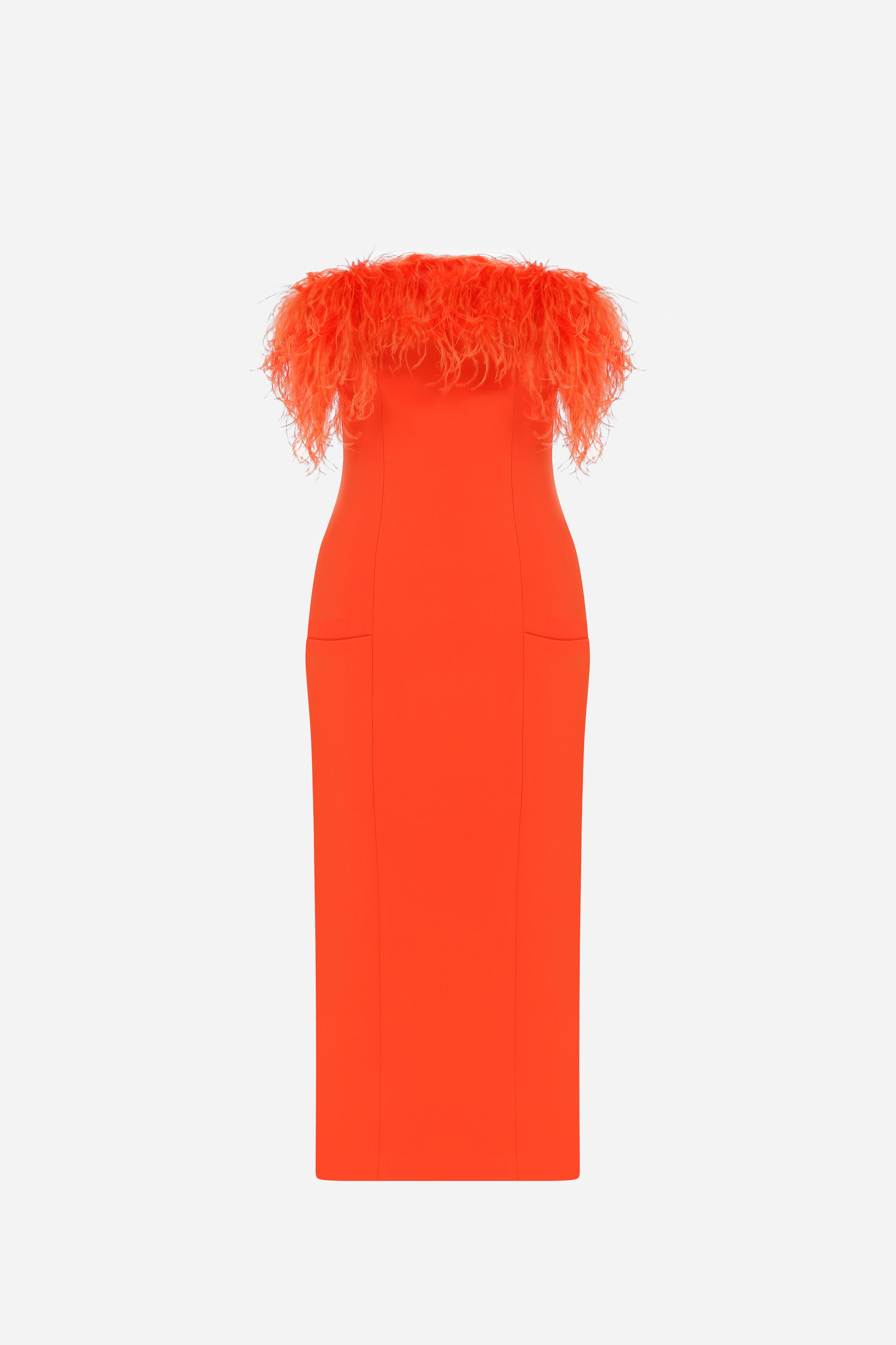 Alanis - Strapless Midi Dress With Feathers