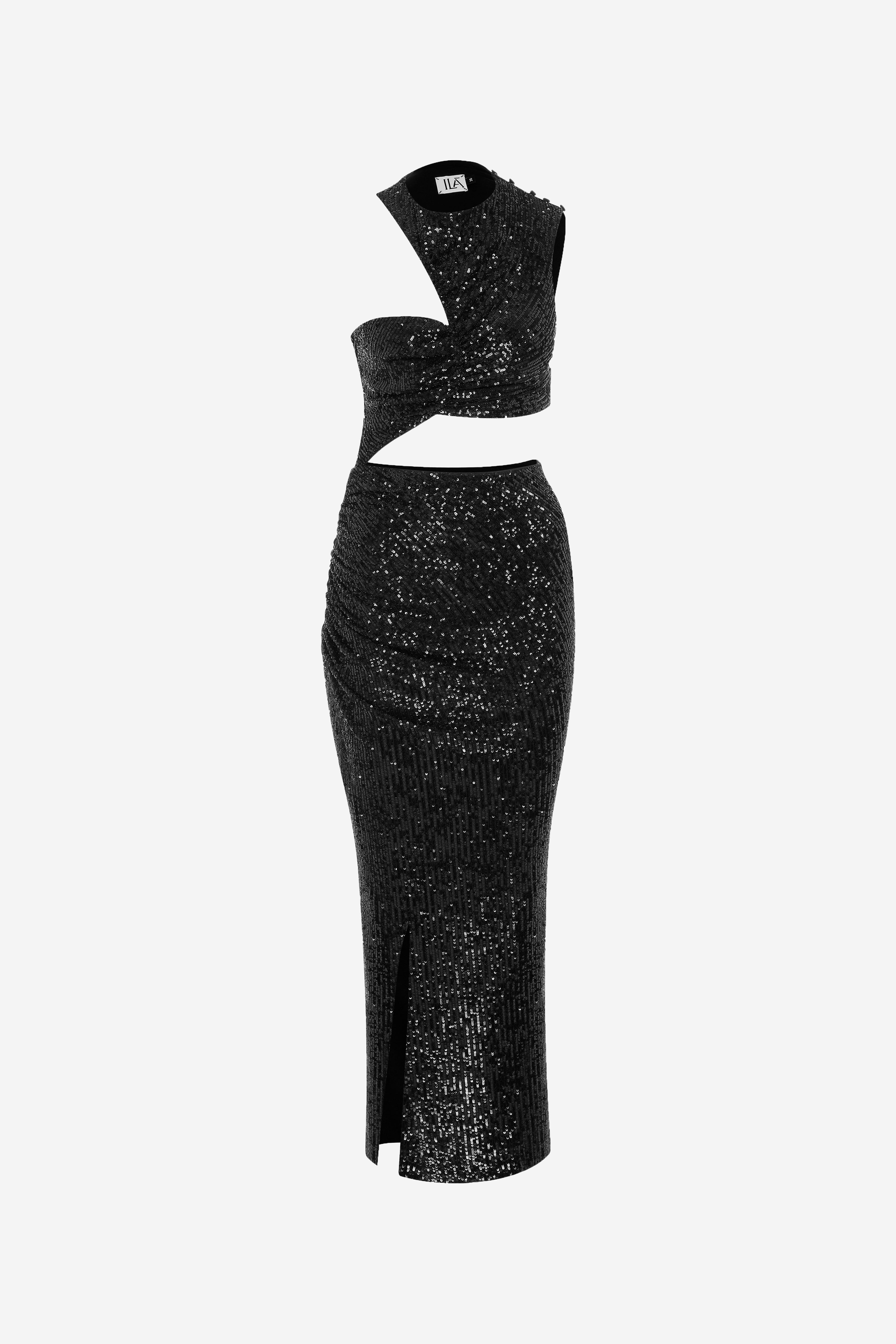 BLAIR-SEQUIN DRESS WITH SIDE SLIT in Black