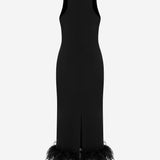 Puri - Midi Dress with Feather Trim in Black